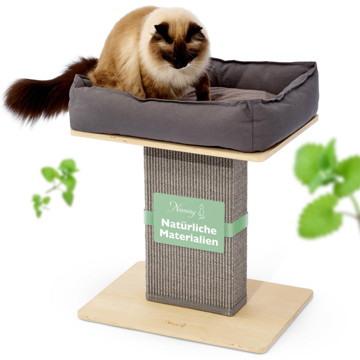 Nemmy Premium Kratzbaum klein grau | Stabiler Kratzstamm extra breit | Katzenbett mit Kissen | Katze