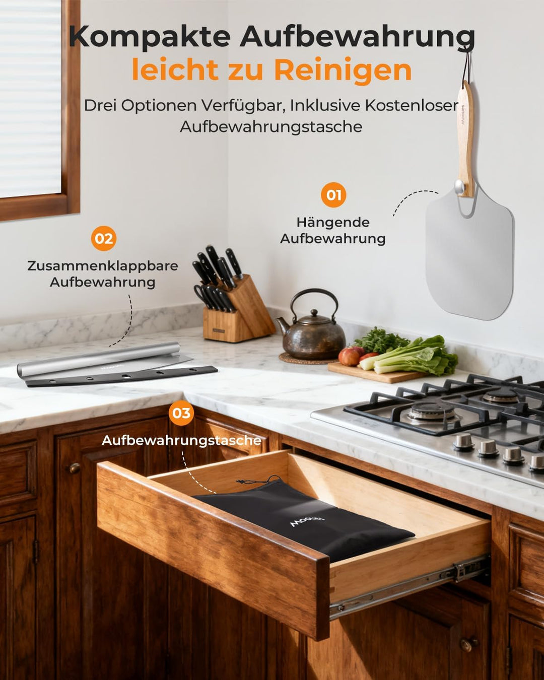 Pizzaschieber, Aluminium Pizzaschaufel mit Faltbarer Griff, 30.5 x 35.5 cm grosser Fläche, Pizza Sch