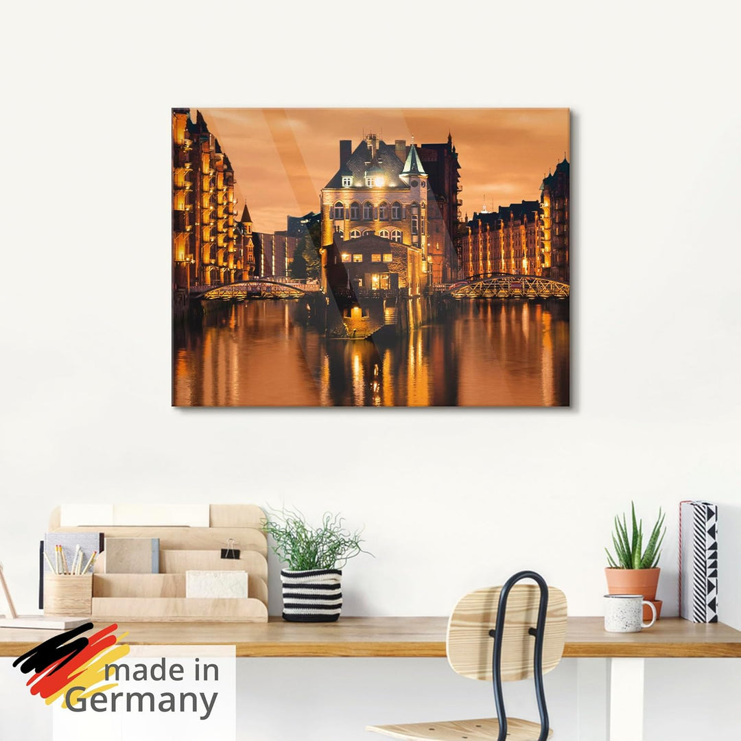 ARTland Glasbilder Wandbild Glas Bild einteilig 80x60 cm Querformat Städte Hamburg Speicherstadt Geb