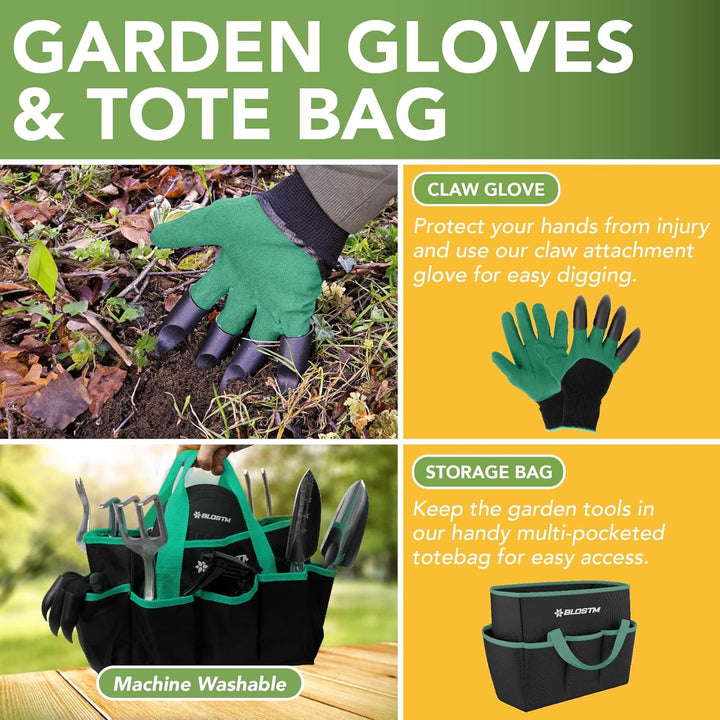 BLOSTM Gartenwerkzeug-Set, 11-teilig, robustes Gartengeräte-Set mit wasserdichter Tragetasche, rostf