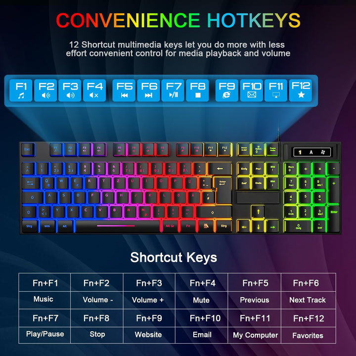 Gaming Tastatur und Maus Set, QWERTZ DE Layout, RGB Hintergrundbeleuchtete Kabelgebundene Tastatur,