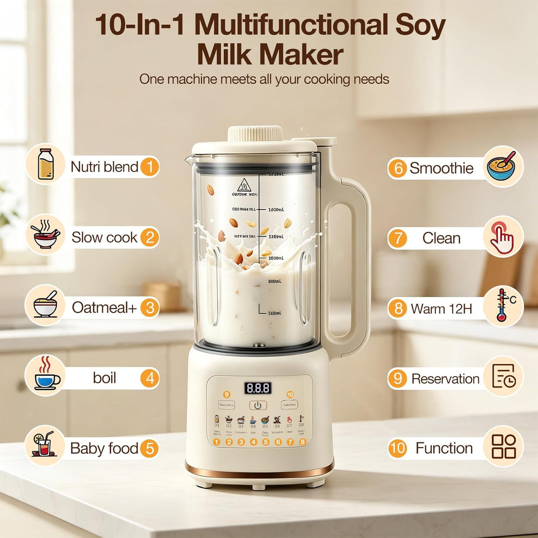 10 in 1 Nussmilchmaschine, 1800ML Pflanzenmilchbereiter & Sojamilchmaschine, Touch Display, Warmhalt