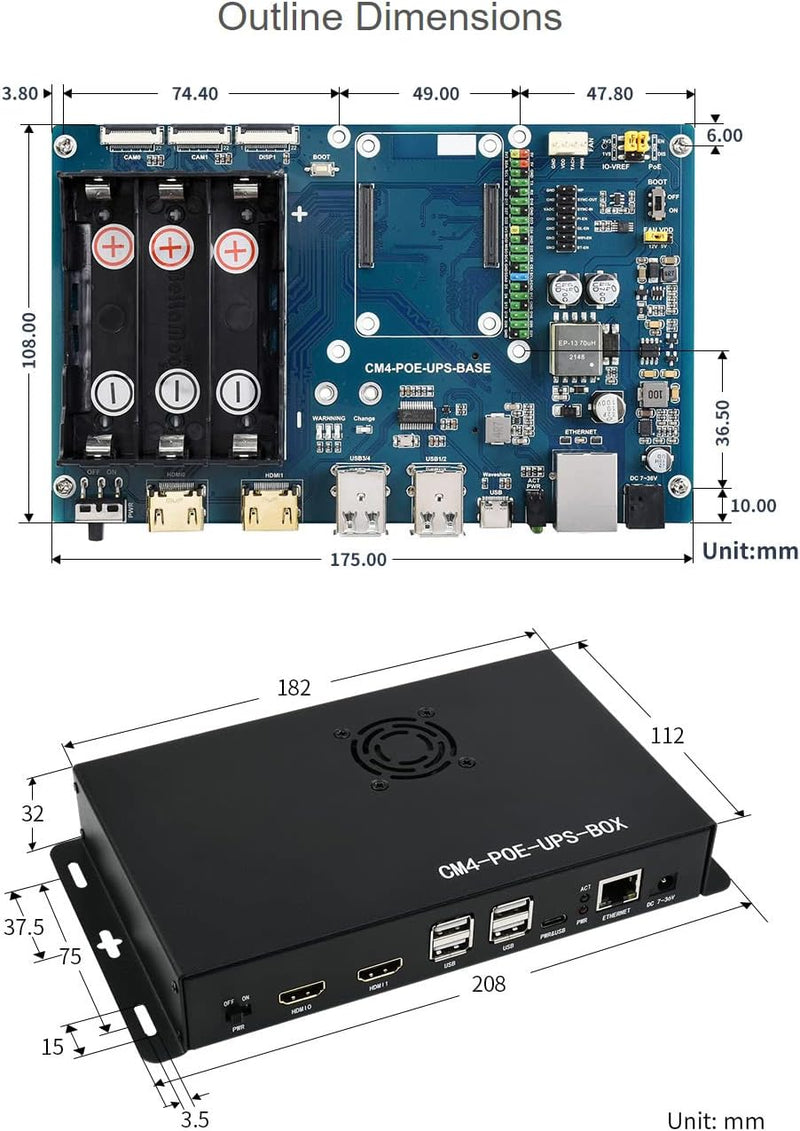 Waveshare PoE UPS Uninterruptible Power Supply Base Board/Mini-Computer Designed for Raspberry Pi Co