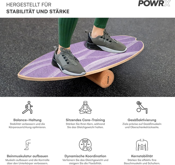 POWRX Surf Balance Board Holz/Balance Skateboard inkl. Rolle | Koordinationstraining für Surfbrett,