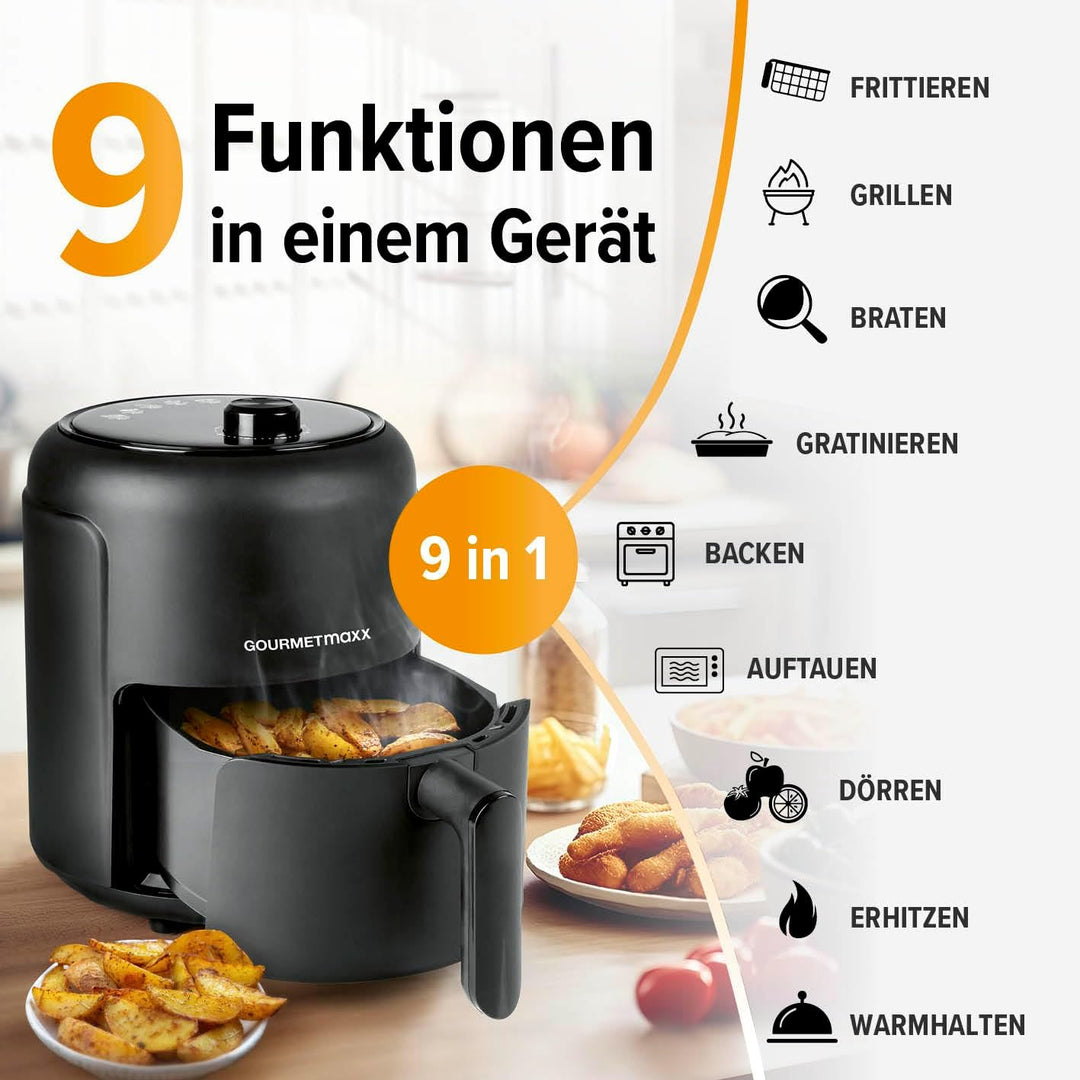 GOURMETmaxx Heissluftfritteuse 2,3L | Airfryer mit 60 Minuten Timer und 9 Funktionen inkl. Vorheizen