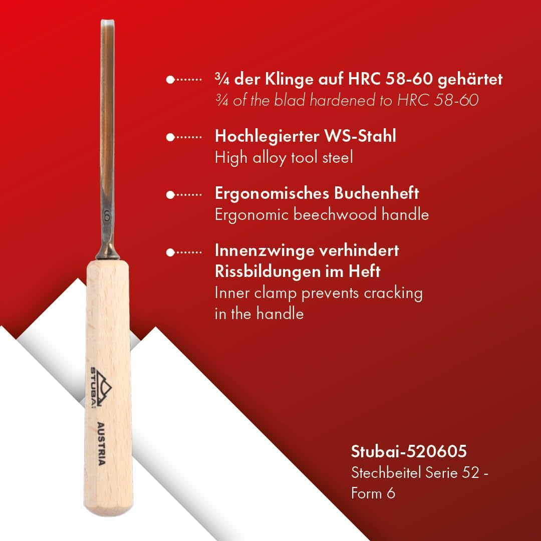 STUBAI Stemmeisen Stechbeitel Serie 52 - Form 6 | Gerades Hohleisen - 5 mm, mit Holzgriff, für Figur