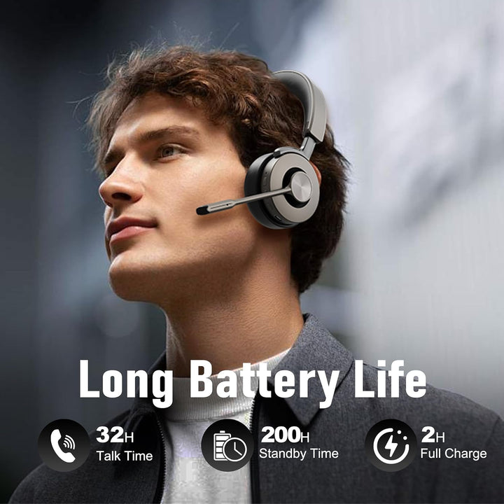Beebang Bluetooth Headset mit Mikrophone, Kabelloses Headset für PC Laptop, 32h Gesprächszeit, USB A