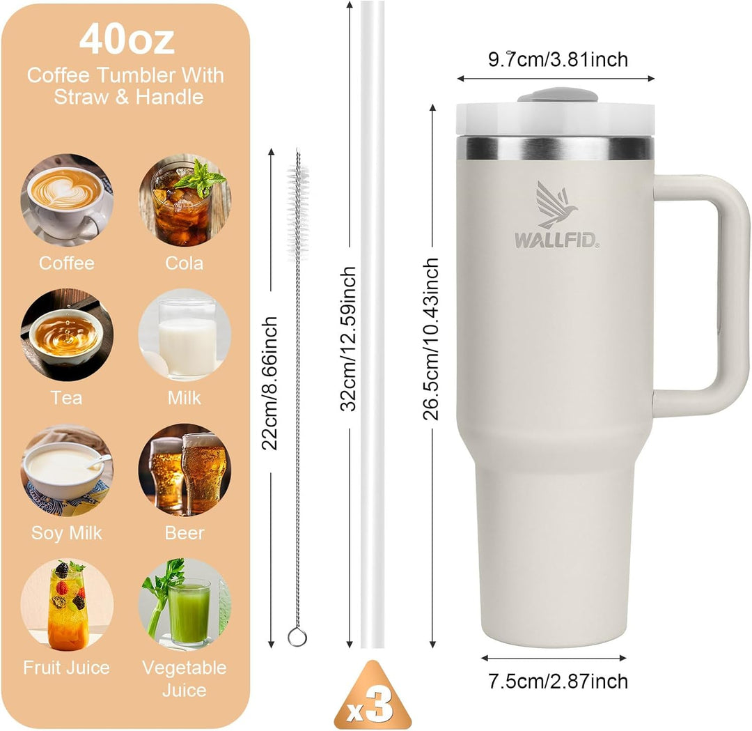 WALLFID 40oz Thermobecher aus Edelstahl, Vakuum-Isoliert mit Deckel, 3 Strohhalmen und 1 Strohhalm B
