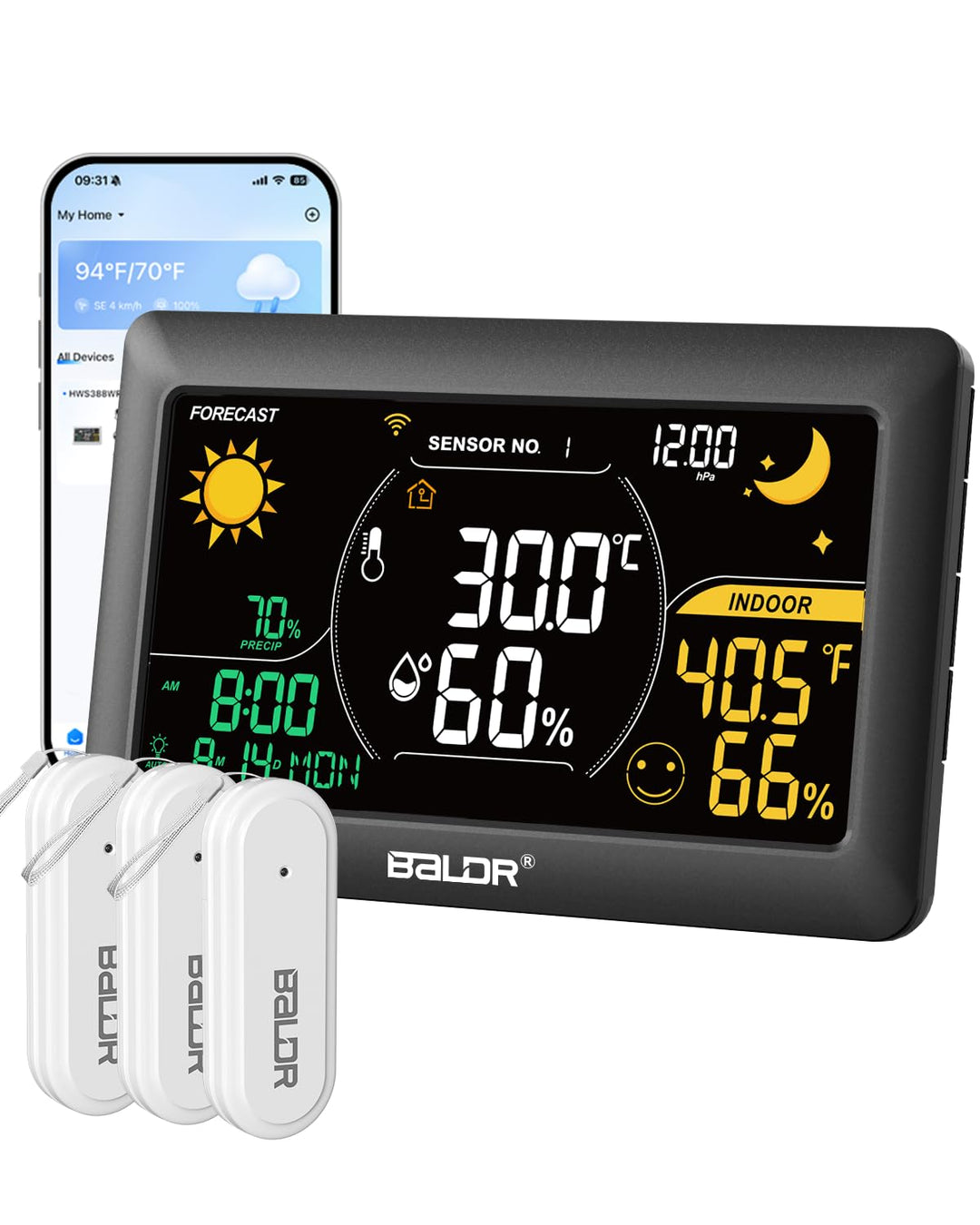 BALDR WLAN-Wetterstation mit App, 7,5-Zoll-Farbdisplay, 3 drahtlose Sensoren, kabellose Wetterstatio
