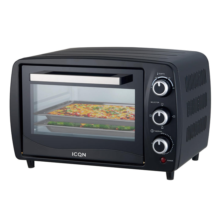 ICQN Kompakter Minibackofen 15 Liter, 1200W, 60 min-Timer, 3 Kochfuntionen, 90°-230°C, Kleiner Campi