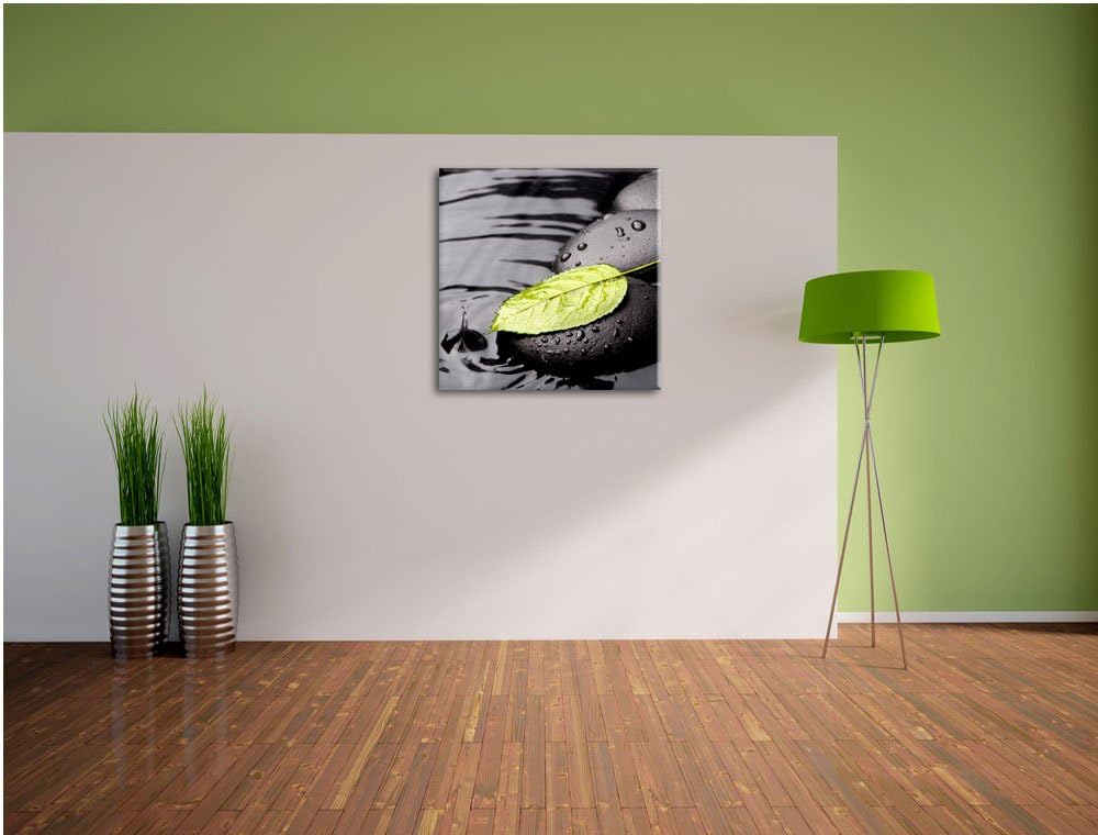 Pixxprint Stein mit Blatt, Format: 70x70 auf Leinwand, XXL riesige Bilder fertig gerahmt mit Keilrah