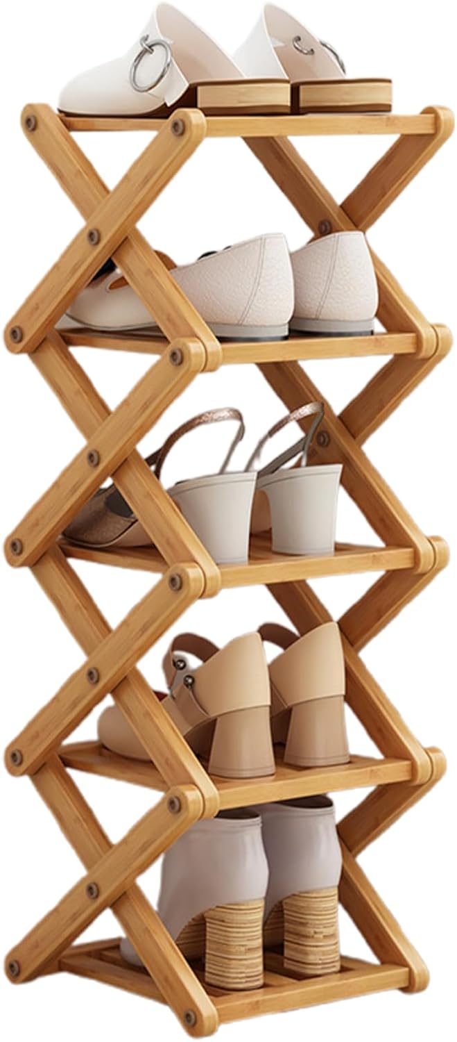 5 Etagen Faltbares Schuhregal aus Bambus, 26 * 24 * 82cm Schuhregal Holz Schmal Zusammenklappbar Bam