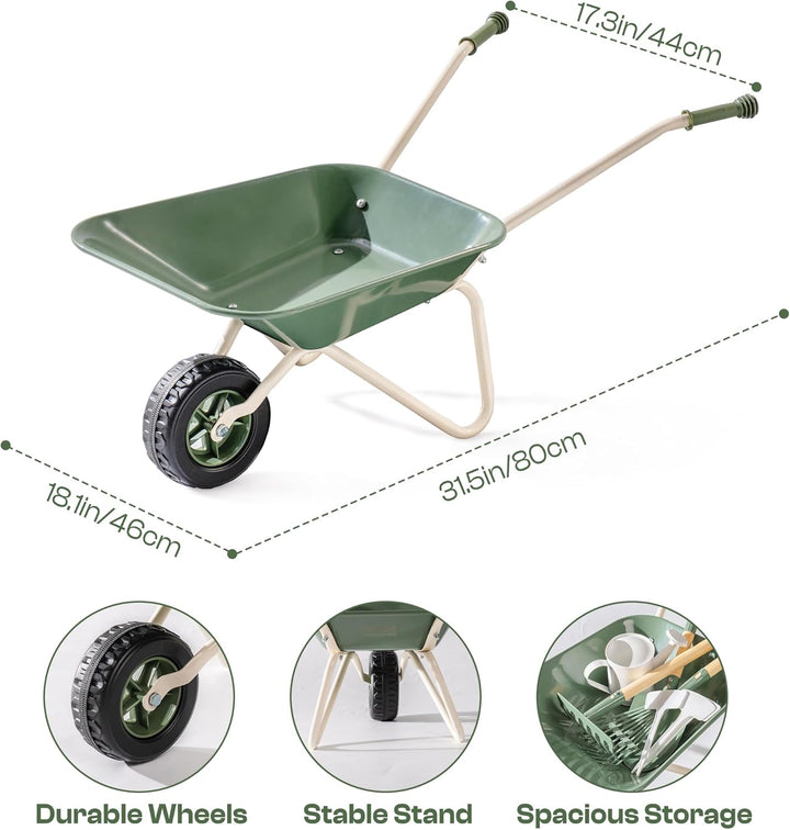 ROBUD Kinder Schubkarre Metall mit Kinder Gartenwerkzeug Set, Schubkarre mit Langer Schaufel, Hacke,
