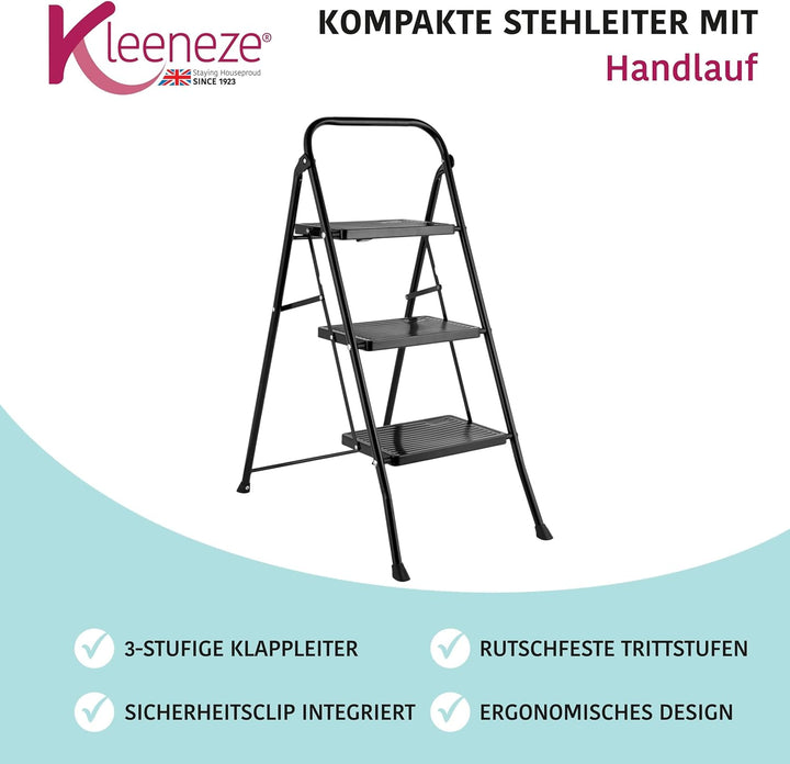 Kleeneze KL068514BLKFEU7 3-stufige Leiter - klappbare Stehleiter, DIY-Leiter mit Handlauf, Rutschfes