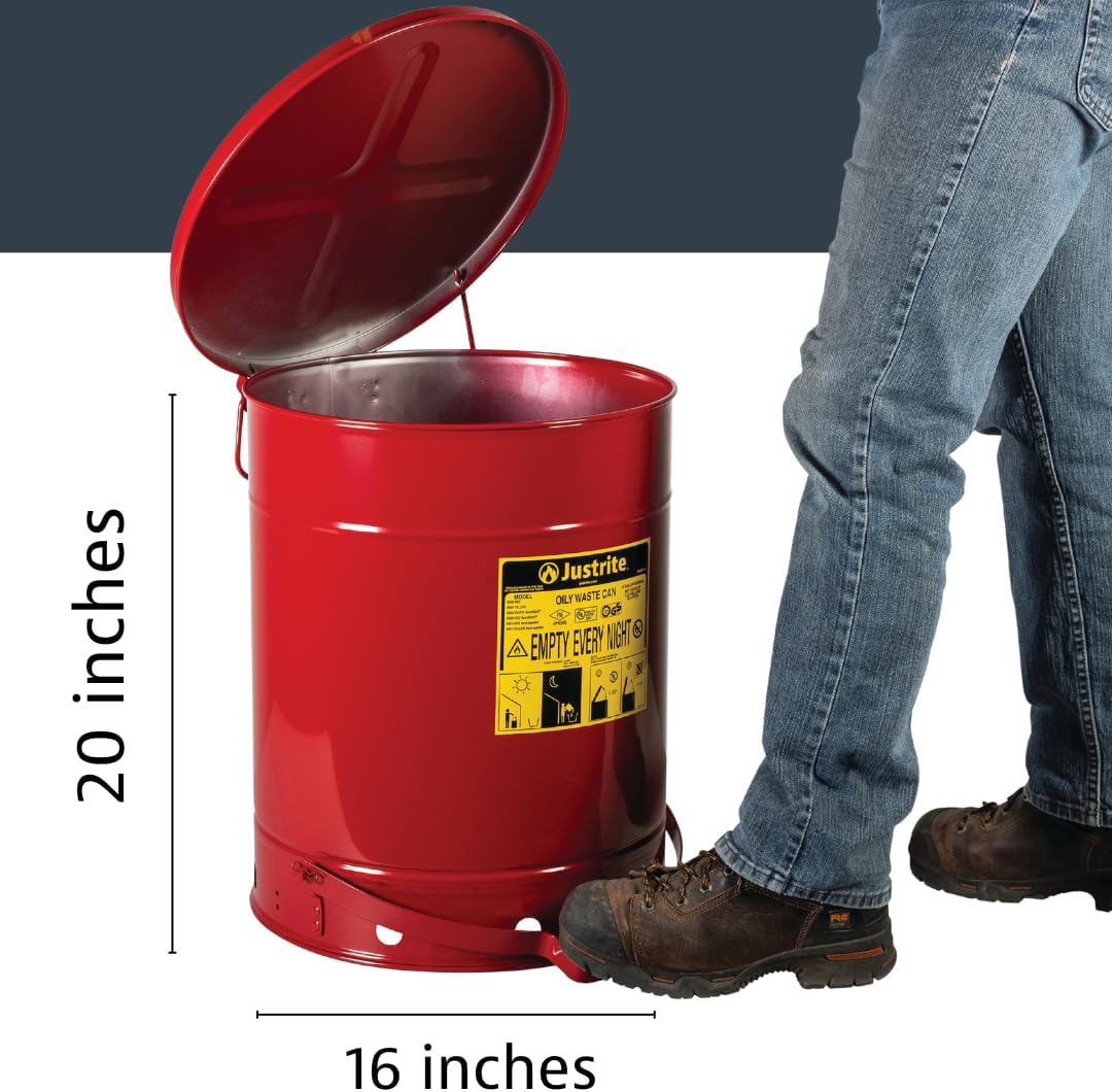 Justrite Stahlölbehälter mit fussbetätigtem Deckel, 52 L, Rot | Stahlblech, rund, mit Pedal, Volumen