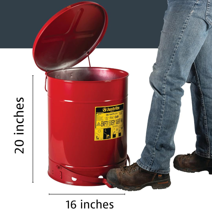 Justrite Stahlölbehälter mit fussbetätigtem Deckel, 52 L, Rot | Stahlblech, rund, mit Pedal, Volumen