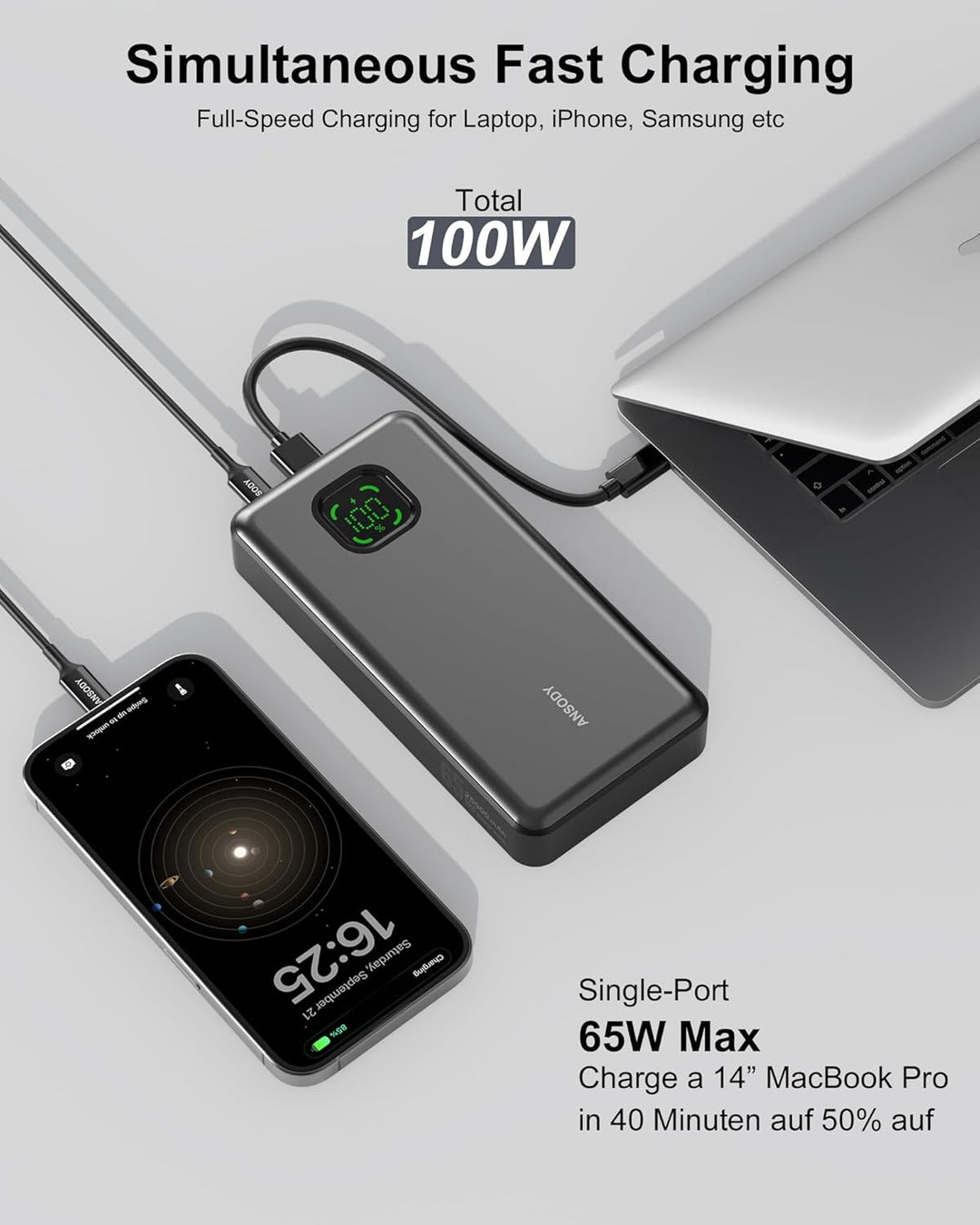 Power Bank 65W 25000mAh Powerbank Laptop Klein Aber Stark, 100W Max Externe Handyakkus LED Display U