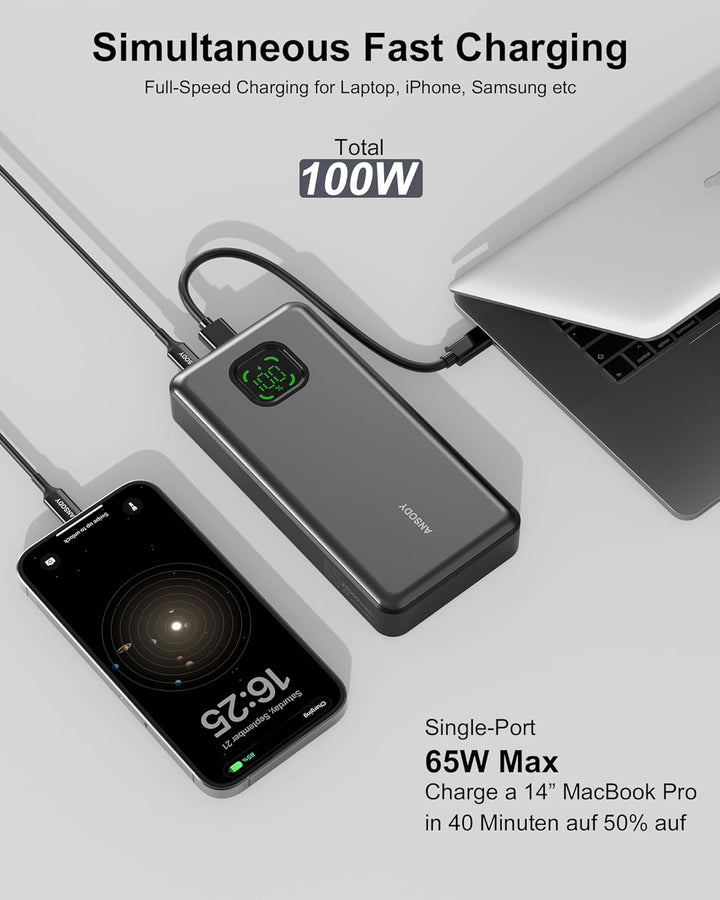 Power Bank 65W 25000mAh Powerbank Laptop Klein Aber Stark, 100W Max Externe Handyakkus LED Display U
