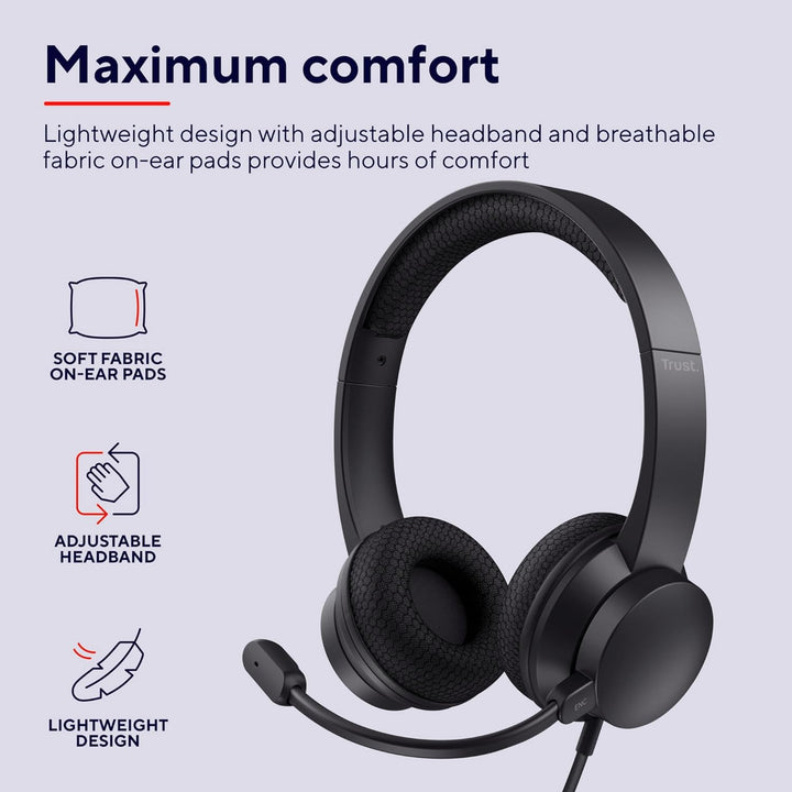 Trust Ayda USB Headset mit Mikrofon On-Ear, Noise Cancelling ENC Mikrofon, Leichtes Design, 65% Recy