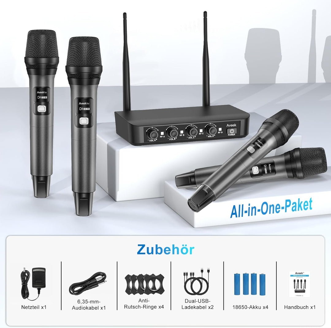 Aveek Kabelloses Mikrofonsystem mit 4er-Pack dynamischen Handmikrofonen, 79,9 m lange Reichweite, 40