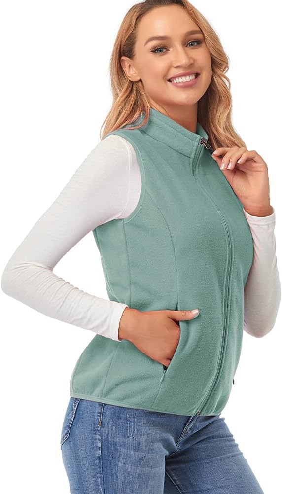 fuinloth Fleece Weste für Damen, Leicht Ärmellose Standkragen mit Reissverschlusstaschen XS Graugrün