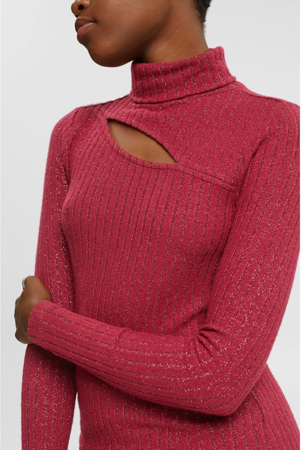 ESPRIT Pullover mit Rollkragen, Glitzer-Effekt und Cut-Out-Detail S 615/Cherry Red, S 615/Cherry Red