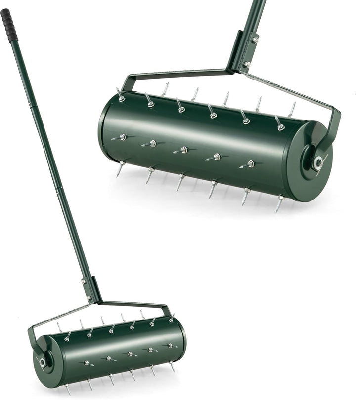 GOPLUS Rasenbelüfter, Handvertikutierer mit Stiel & 3,4cm Nägeln, rollender Aerifizierer, manueller