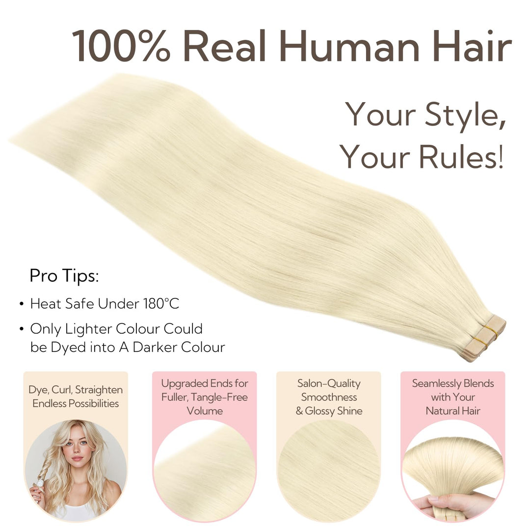 hotbanana Tape in Extensions Echthaar, 35cm Tape Extensions Echthaar 14 Zoll 20 Stück 50g Platinblon