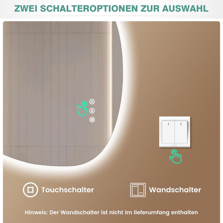 Asymmetrischer Spiegel mit LED-Beleuchtung, 65x50cm, ohne Rahmen, mit Touch-Schalter, Antibeschlag,