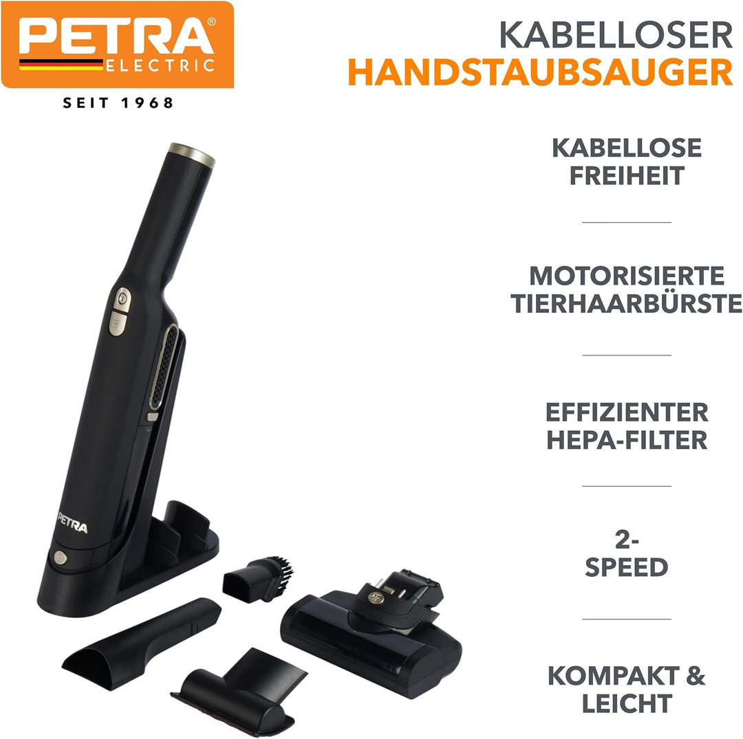 Petra PF01111VDE Handstaubsauger – kabellos, motorisierte Tierhaarbürste, Ablage und Ladebasis auf d