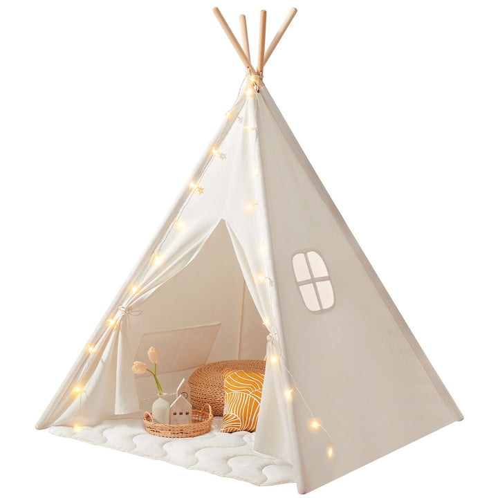 Tiny Land Tipi Spielzelt für Kinder mit Gepolsterter Decke & Lichterkette & Aufbewahrungstasche Baum