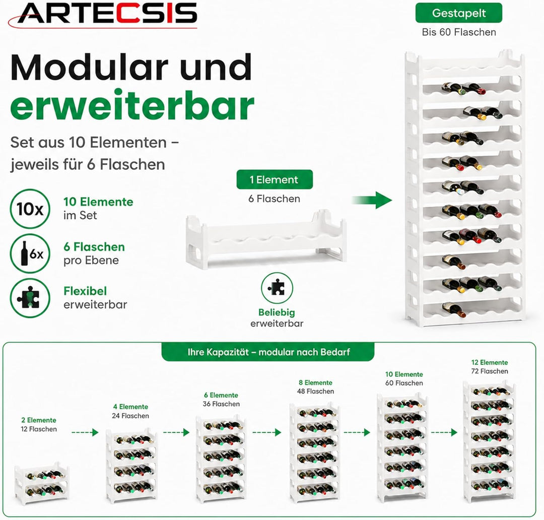 ARTECSIS Weinregal stapelbar Kunststoff für 60 Flaschen, stabiles Flaschenregal in Gastronomie-Quali