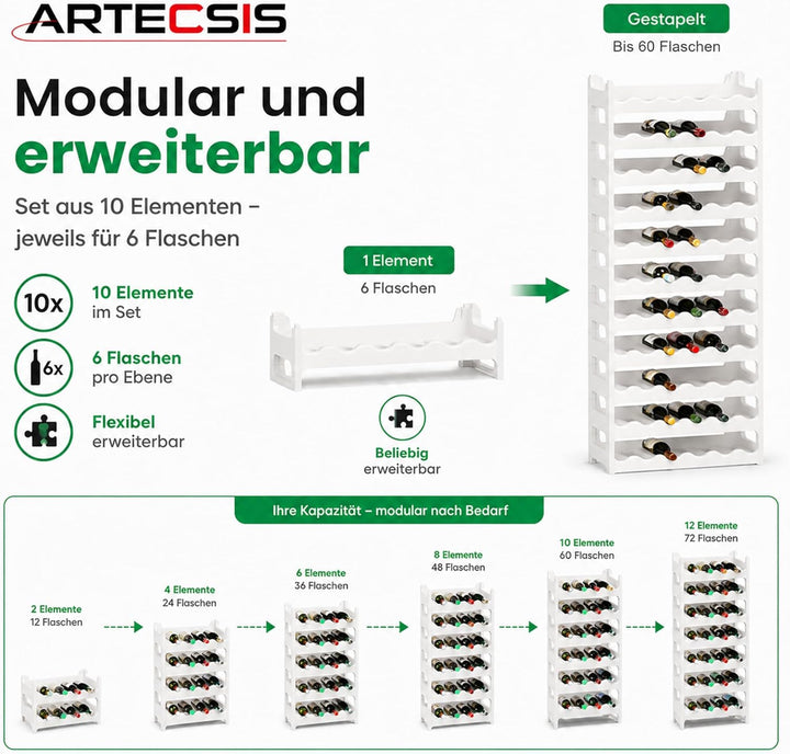 ARTECSIS Weinregal stapelbar Kunststoff für 60 Flaschen, stabiles Flaschenregal in Gastronomie-Quali