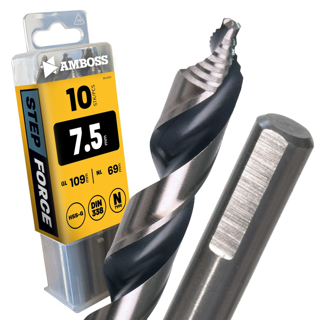 10x Spiralbohrer Step Force Ø7.5 mm - HSS-G DIN 338 für Stahl, Baustahl, Alu, Buntmetalle AMBOSS WER
