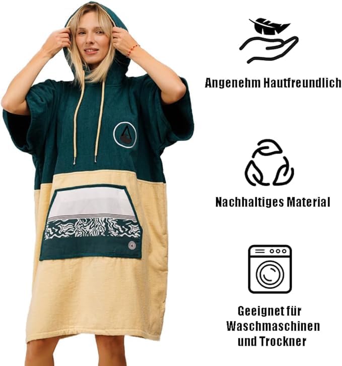 WAVE HAWAII Poncho Petrol Surfponcho 100% Baumwolle für Körpergrössen von 160-190 cm Umkleidehilfe f