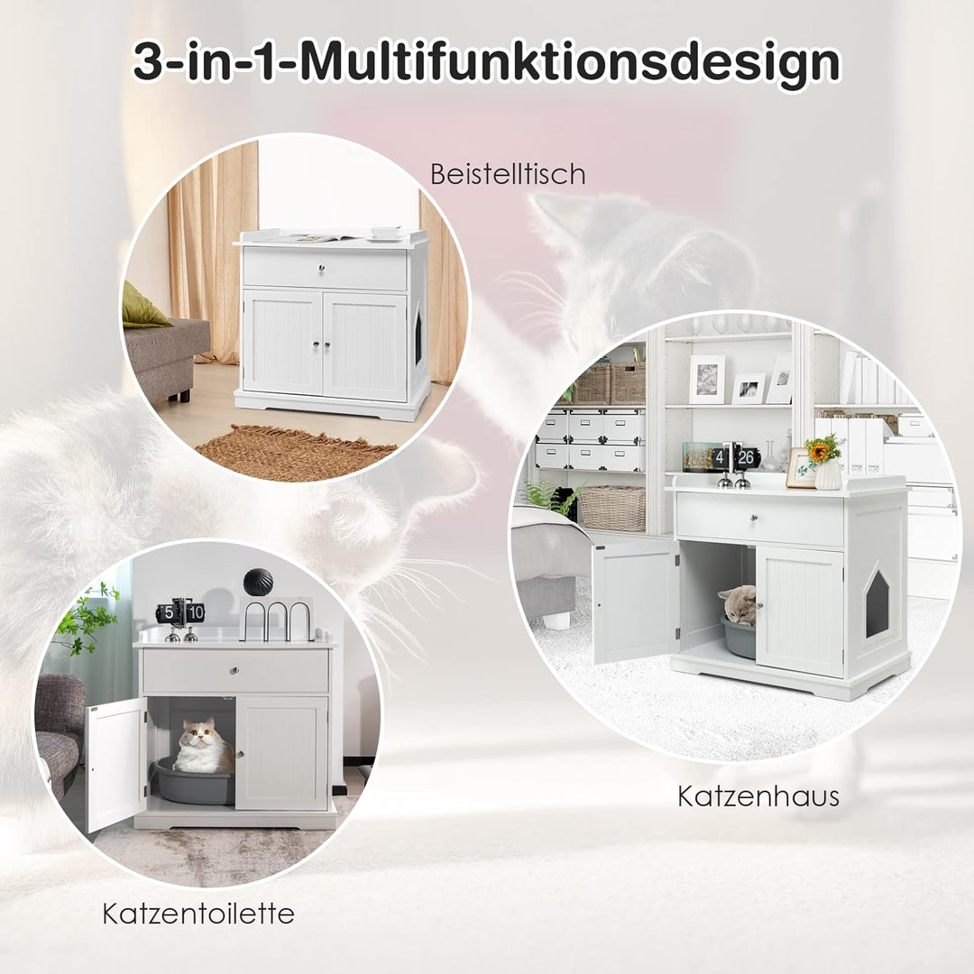 COSTWAY Katzenschrank mit Schublade & Tür & Eingang, 3-in-1 Katzenhaus Katzentoilette Beistelltisch,