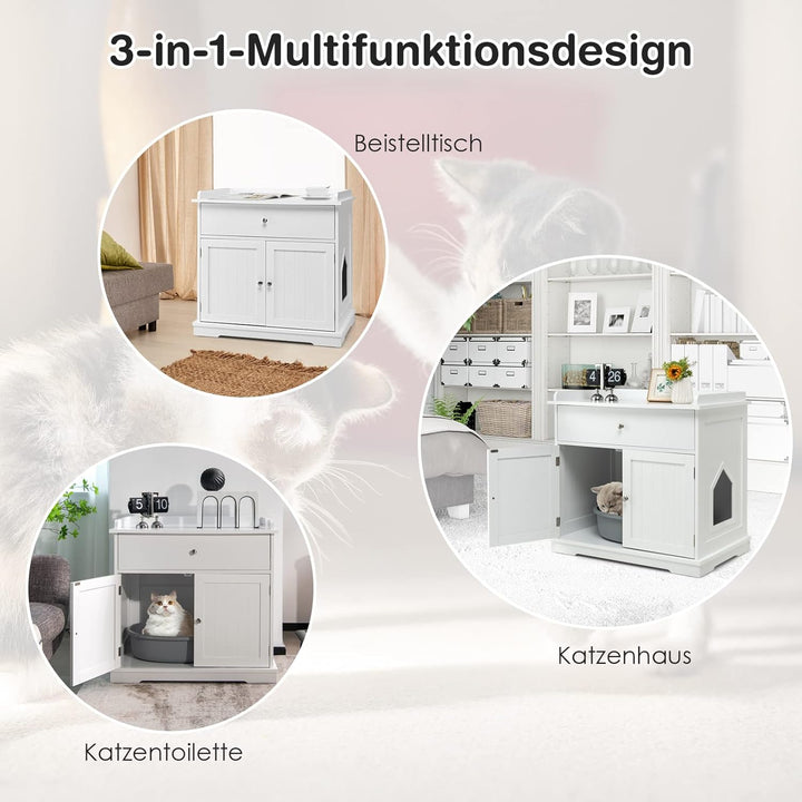 COSTWAY Katzenschrank mit Schublade & Tür & Eingang, 3-in-1 Katzenhaus Katzentoilette Beistelltisch,