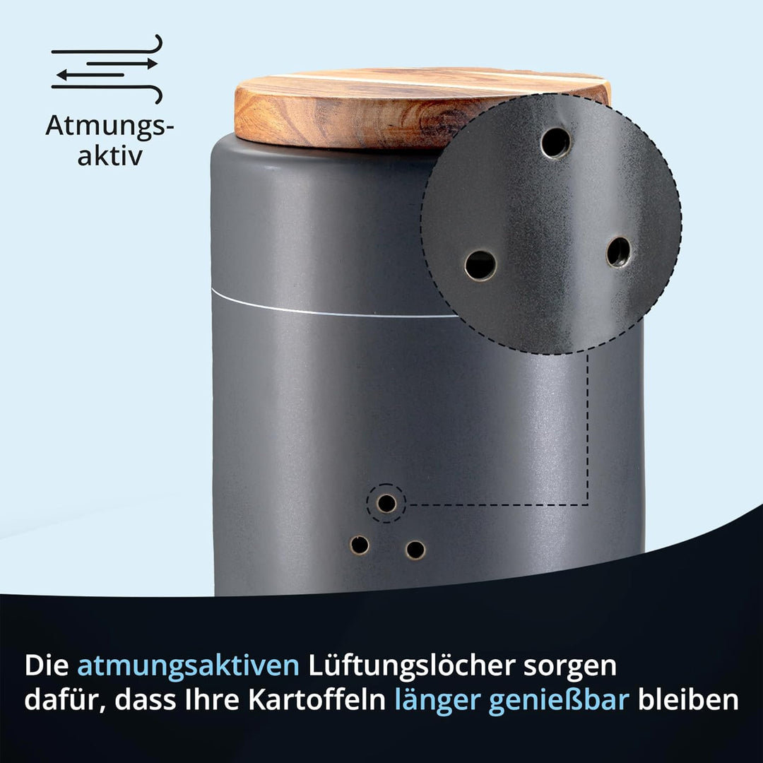 KHG Kartoffel Zwiebel Knoblauch Aufbewahrung 3er Set, Keramik Steingut poliert, Anthrazit Grau Holz