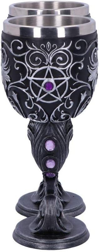 Nemesis Now Hex Twin Cat Heart Set mit Zwei Kelchen, Harz mit Edelstahl-Einsatz, Schwarz und Silber,