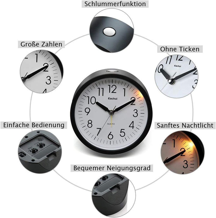 Eachui Wecker Analog Ohne Ticken mit Schlummerfunktion, Nachtlicht, Batteriebetrieben, Geräuschlos,