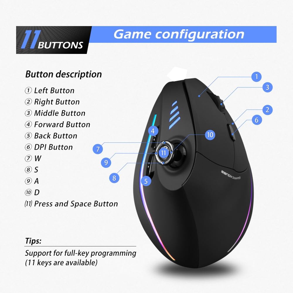 zelotes Kabellose Bluetooth Maus mit Joystick,24.000 DPI,11 Programmierbare Tasten, RGB,USB Optische