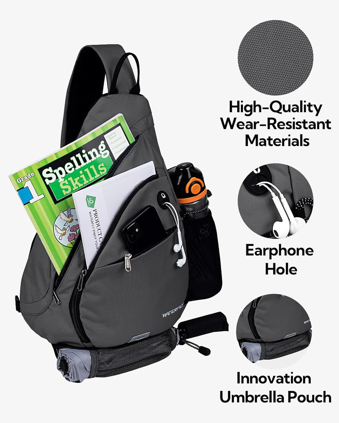 WATERFLY Sling Bag Crossbody Backpack Schulterrucksack mit verstellbarem Schultergurt Perfekt für Ou