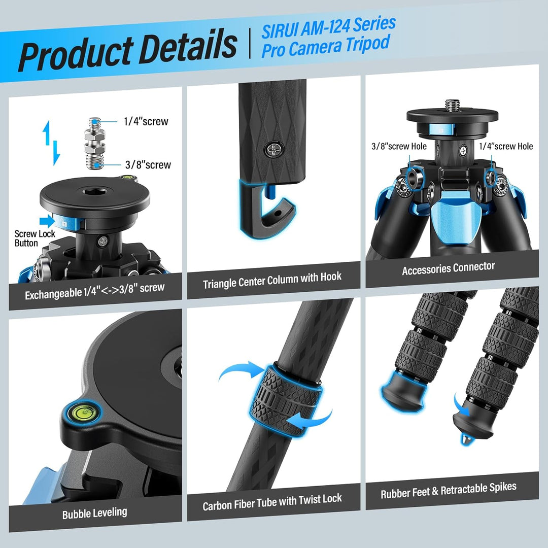 SIRUI AM124 Stativ Carbon Kamera mit dreieckiger Mittelsäule, leichtes Reisestativ Dreibein-Stative