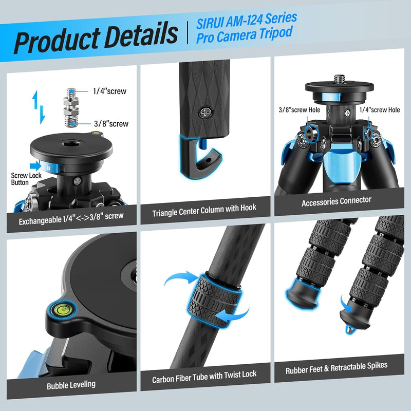 SIRUI ST-124 Wasserdichtes Carbonfaser-Stativ mit kompakter Dreieck-Mittelsäule, Professionelles Rei