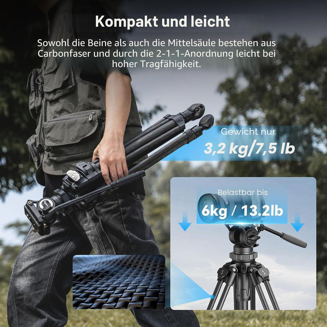 SMALLRIG AD-50Pro Heavy Duty Videostativ, Kohlefaser Stativ mit FreeSpeed One-Step Höhenverstellung,