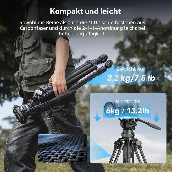 SMALLRIG AD-50Pro Heavy Duty Videostativ, Kohlefaser Stativ mit FreeSpeed One-Step Höhenverstellung,