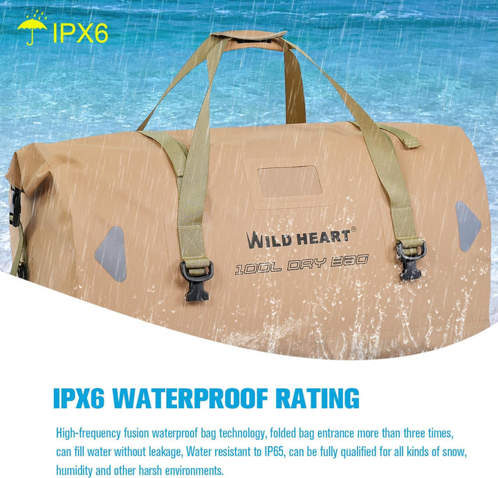 WILD HEART wasserdichte Reisetasche, 40 l 66 l, 100 l, mit verschweissten Nähten, Schultergurten, Ne
