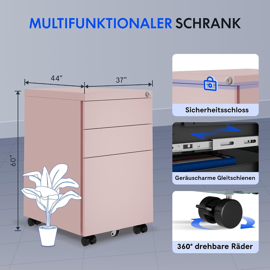 FlexiSpot Rollcontainer mit 3 Schubladen, mobiler Aktenschrank mit Rollen, Schubladenschrank Bürosch