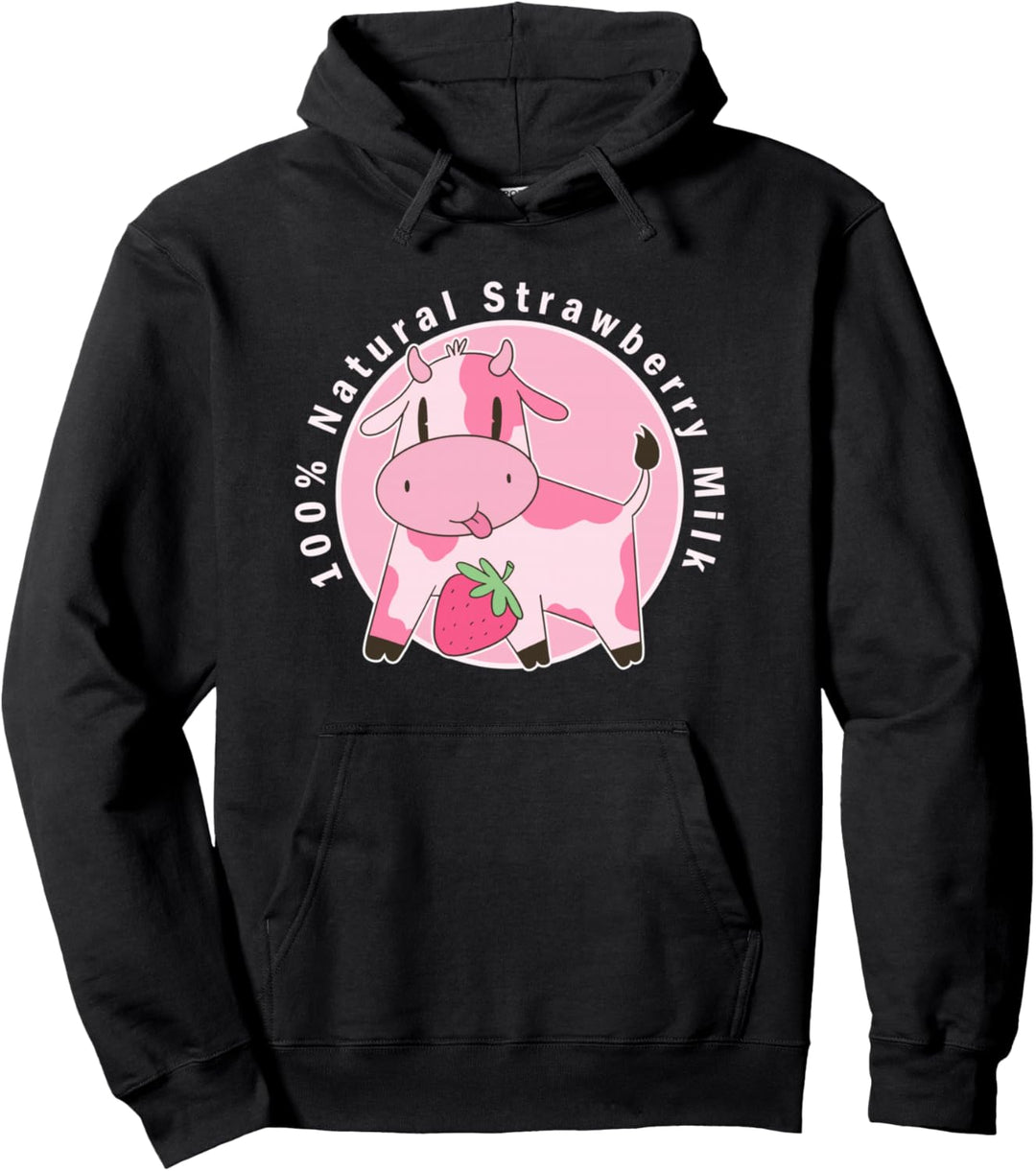 Kawaii Cute Pink Cow, Strawberry Milk Girl Pullover Hoodie