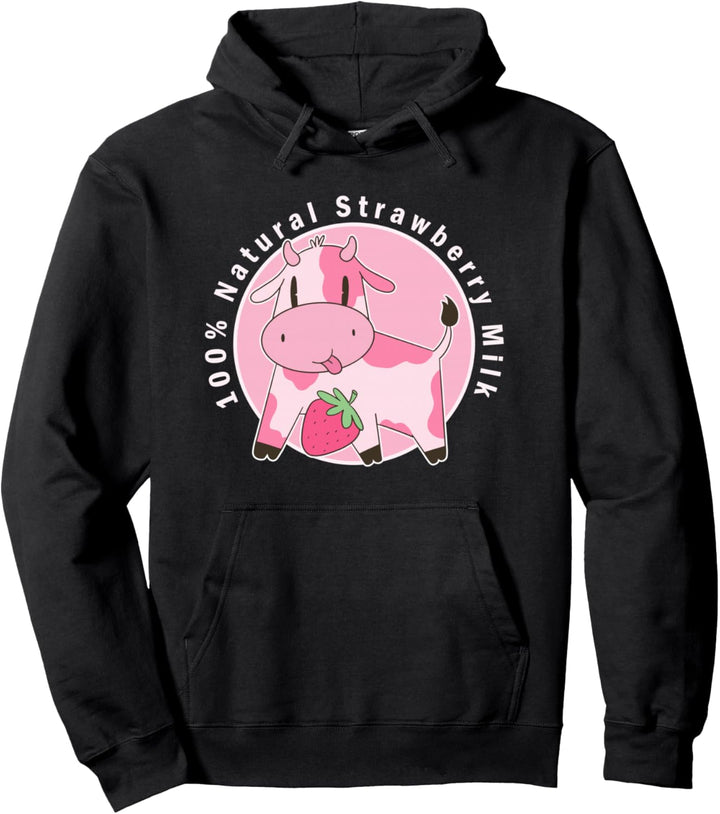 Kawaii Cute Pink Cow, Strawberry Milk Girl Pullover Hoodie